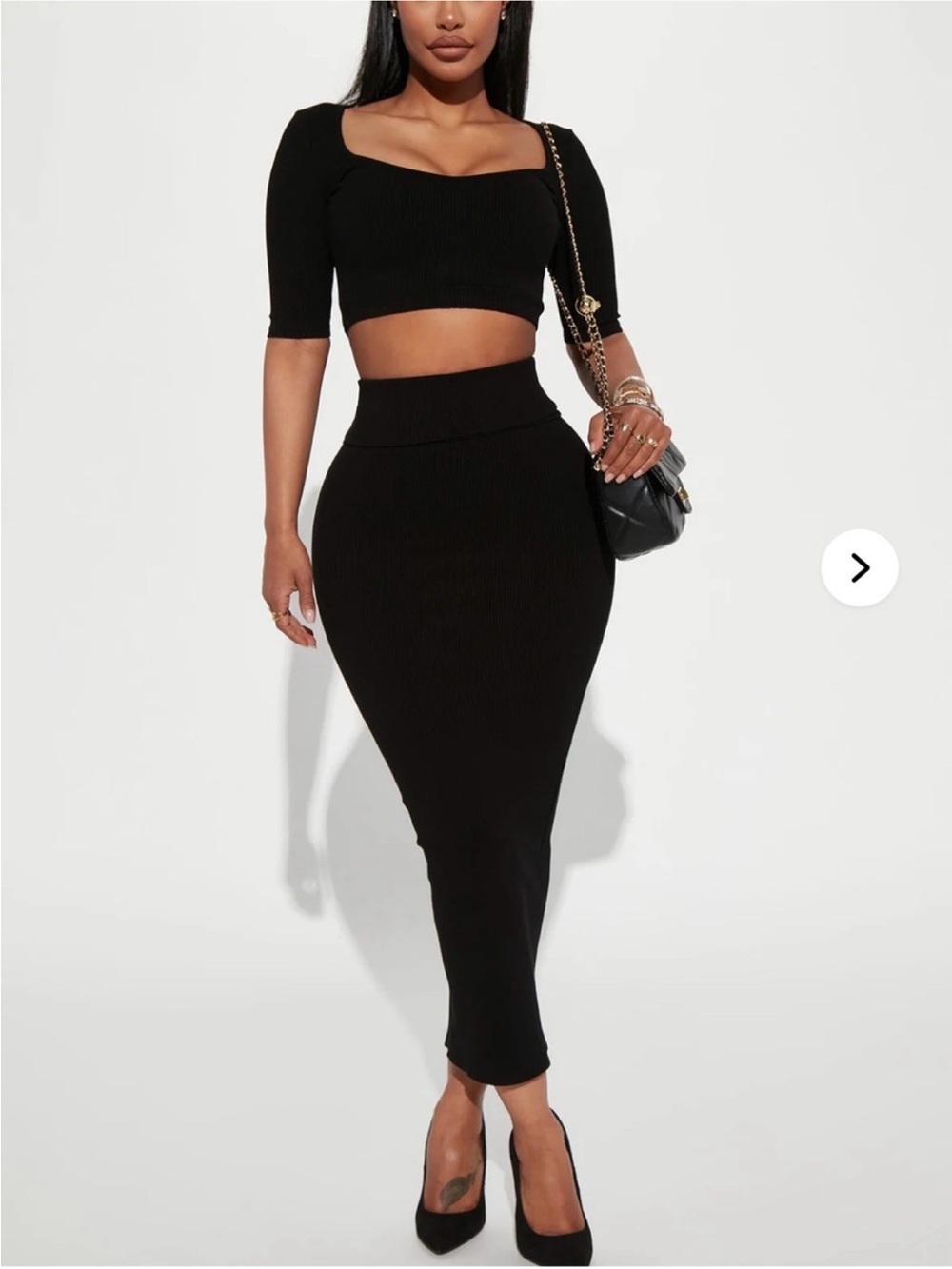 Slim Ribbed Black High-Waist Pencil Skirt